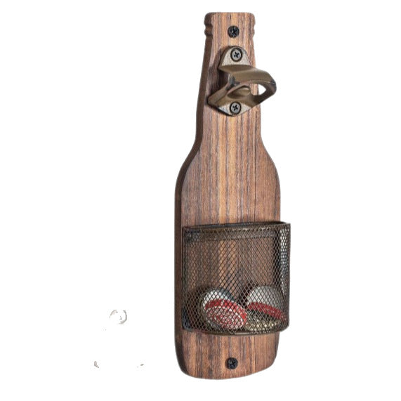 Wooden Wall Mounted Bottle Opener with Cap Storage Basket