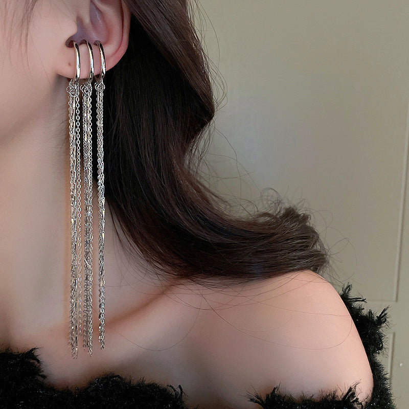 Zircon Star Moon Tassel Clip Earrings