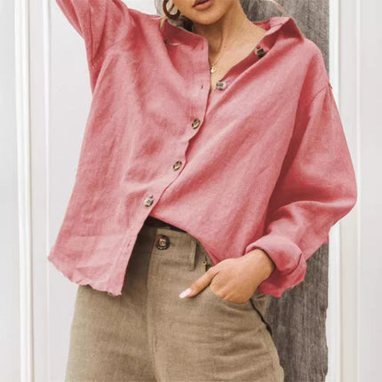 Womens Lapel Long Sleeve Cotton Linen Shirt