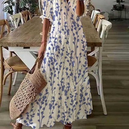Womens V-Neck Printed Lantern Sleeve Dress