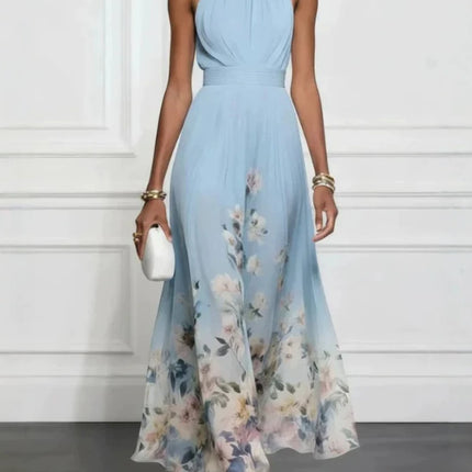Sleeveless Tie Floral Print Elegant Maxi A-Line Dress