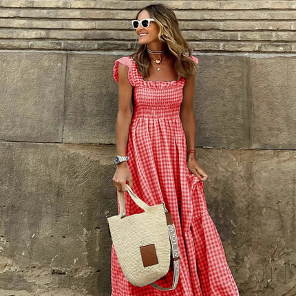Summer Stylish Women's Patchwork Plaid Strap Elastic Flared Dress