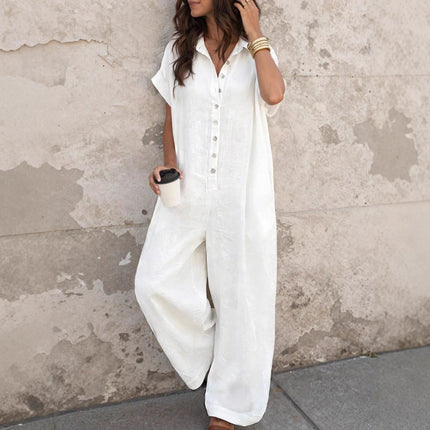 Short Sleeve Button Front Loose Fit Jumpsuit