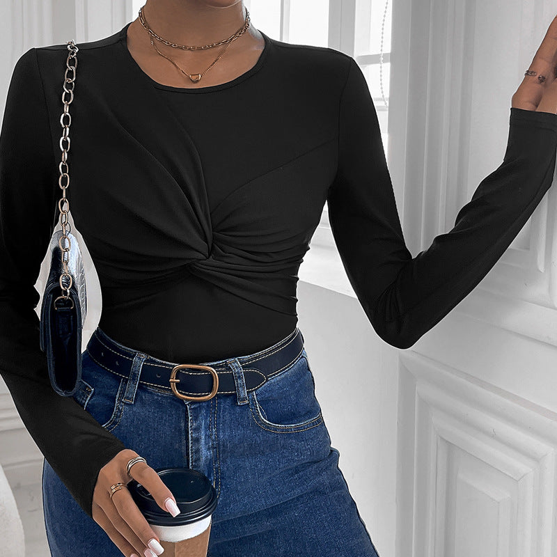 Womens Solid Color Minimalism Black Twist-Collar Bodysuit
