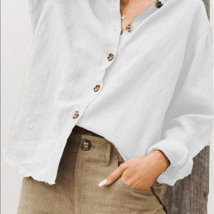 Womens Lapel Long Sleeve Cotton Linen Shirt