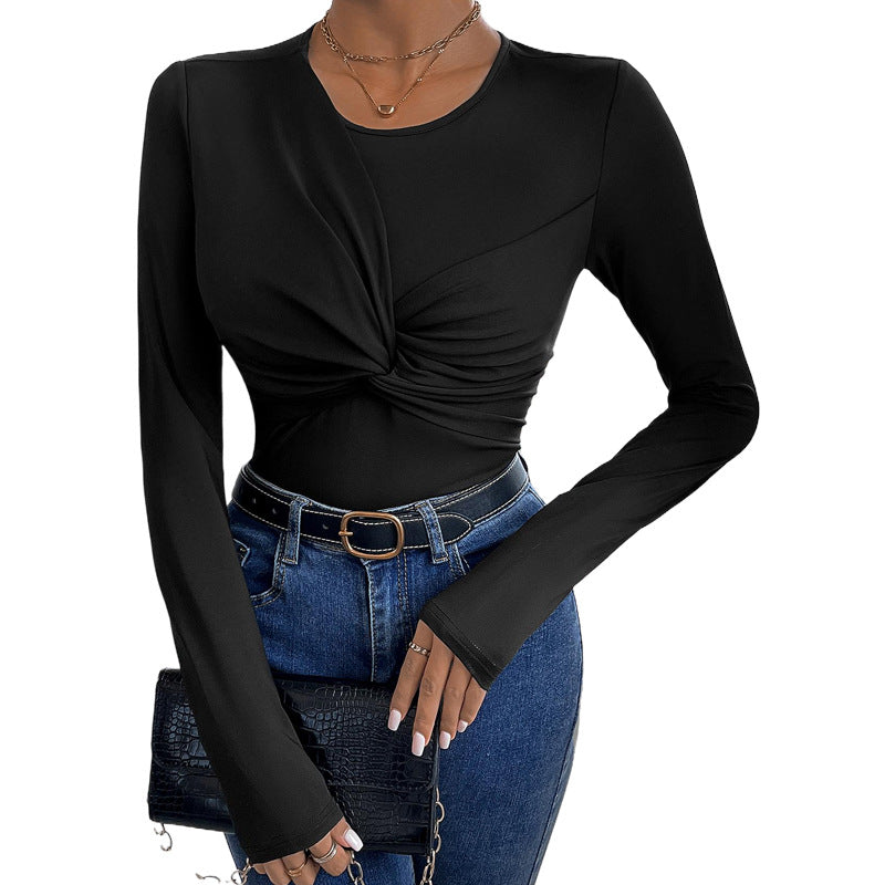 Womens Solid Color Minimalism Black Twist-Collar Bodysuit