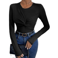 Womens Solid Color Minimalism Black Twist-Collar Bodysuit