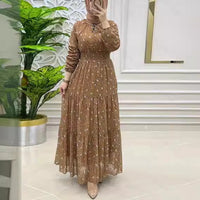 Women's Middle East Muslim Chiffon Flower Smocking Long Fashion Elegant Dress