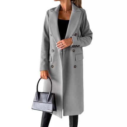 Womens Double-Breasted Wool Blend Coat with Pockets