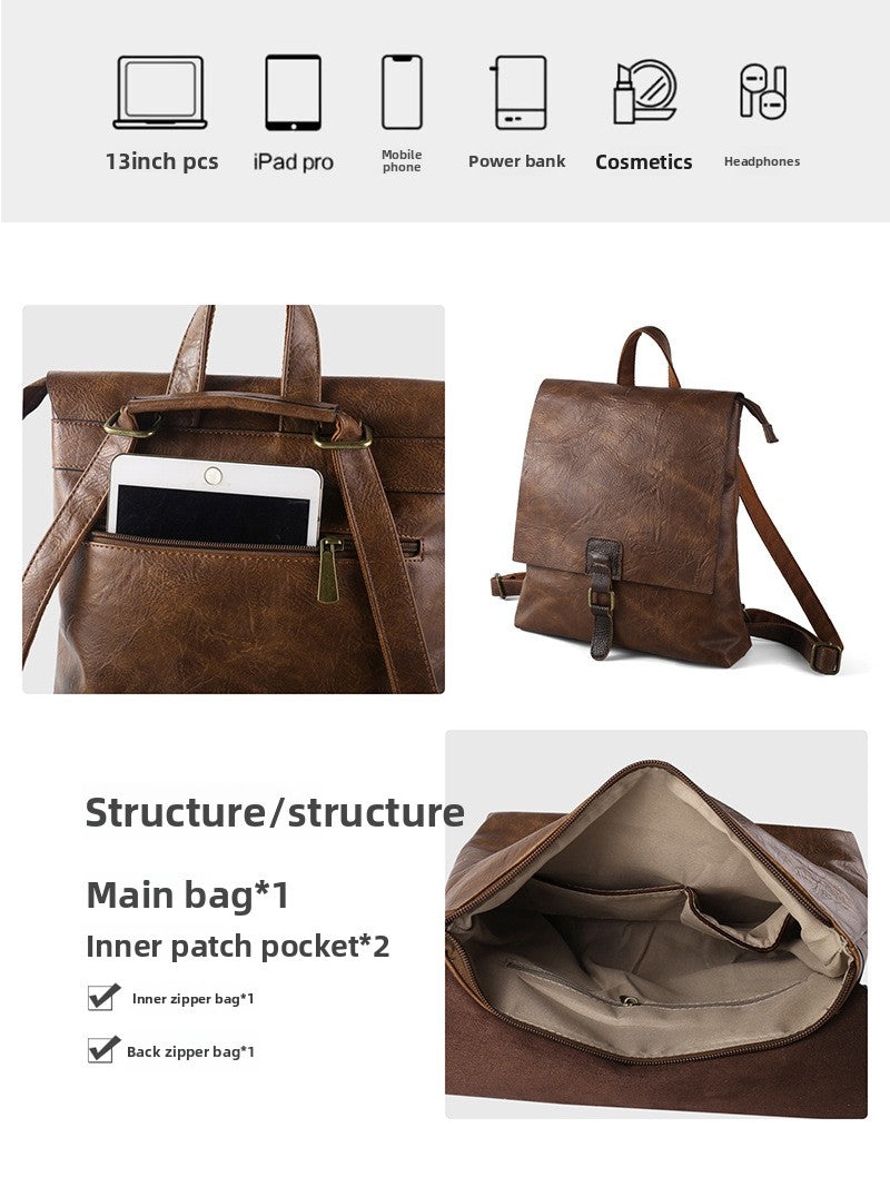 Vintage PU Leather Backpack with Multiple Pockets