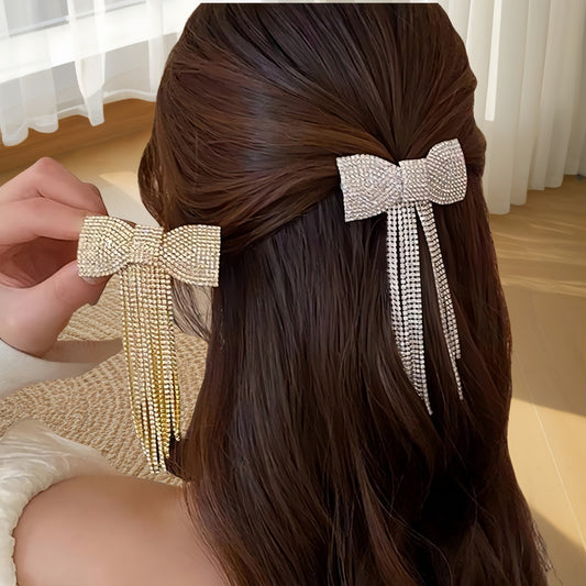 Elegant Rhinestone Bow Tassel Hairpin