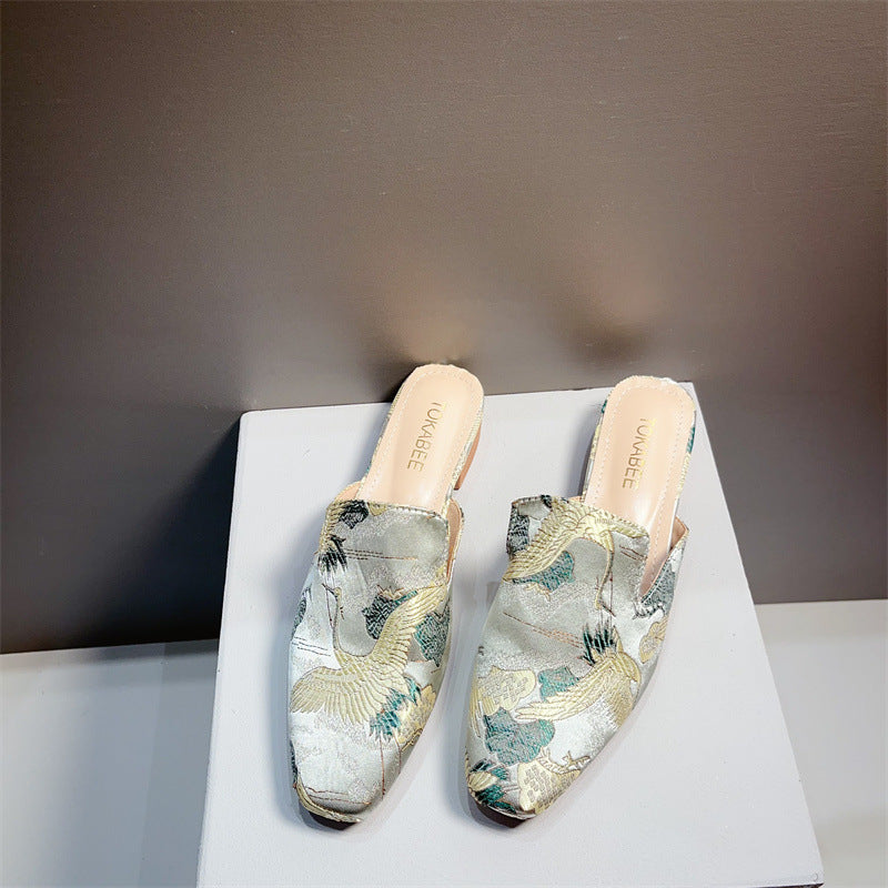 Embroidered Low Heeled Mules With A Square Toe Low Cut And Chunky Heeltimeless VersatileAnd Perfect For A Retro Look