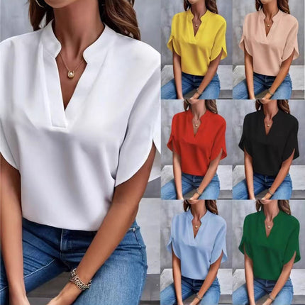 Women's Casual Solid Color V-Neck Loose Short Sleeve Blouse Summer Shirt Top