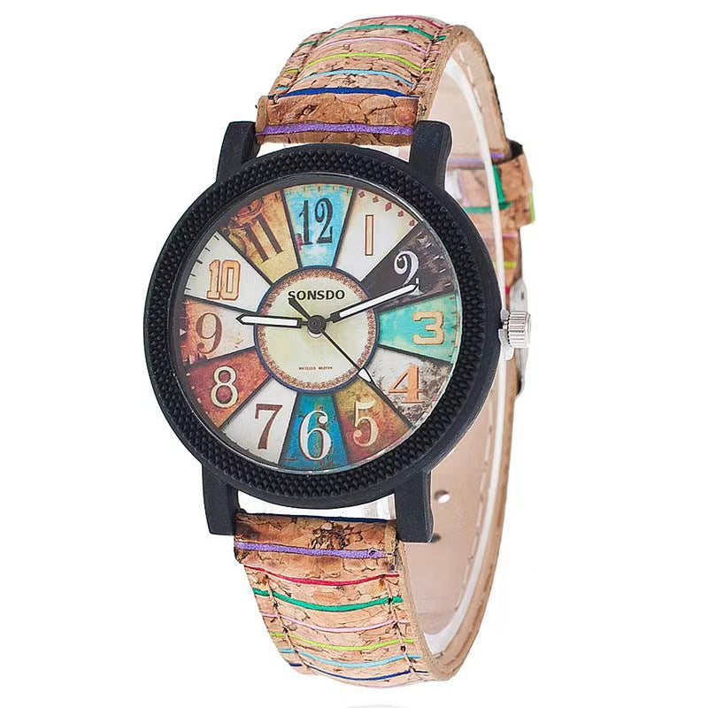 Retro Wood Grain Dial Leather Strap Women's Watch