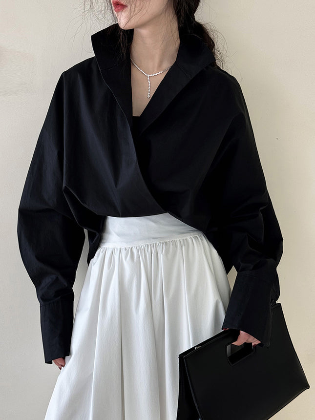Layered Stand-up Collar Deep V-Neck Shirt