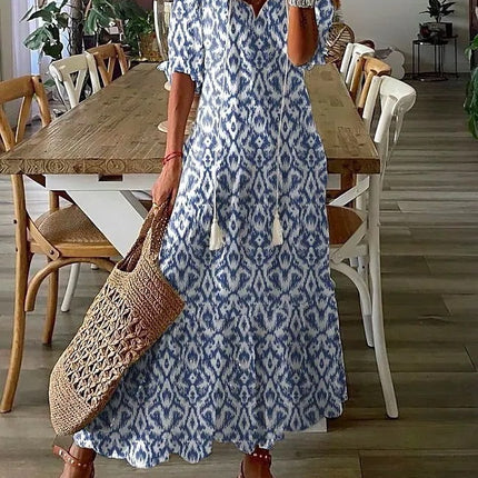 Womens V-Neck Printed Lantern Sleeve Dress