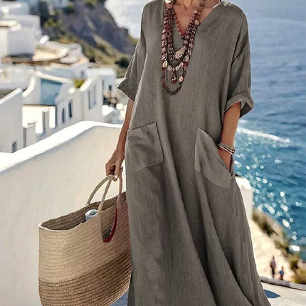 Printed V-neck five-button long dress