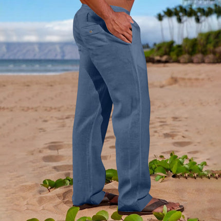 Mens Linen Cotton Drawstring Waist Casual Trousers