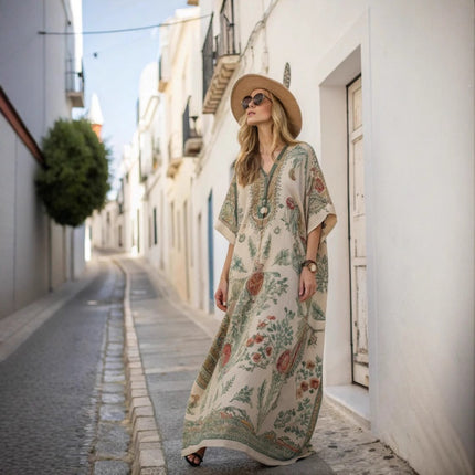 Printed V-neck five-button long dress