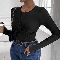 Womens Solid Color Minimalism Black Twist-Collar Bodysuit