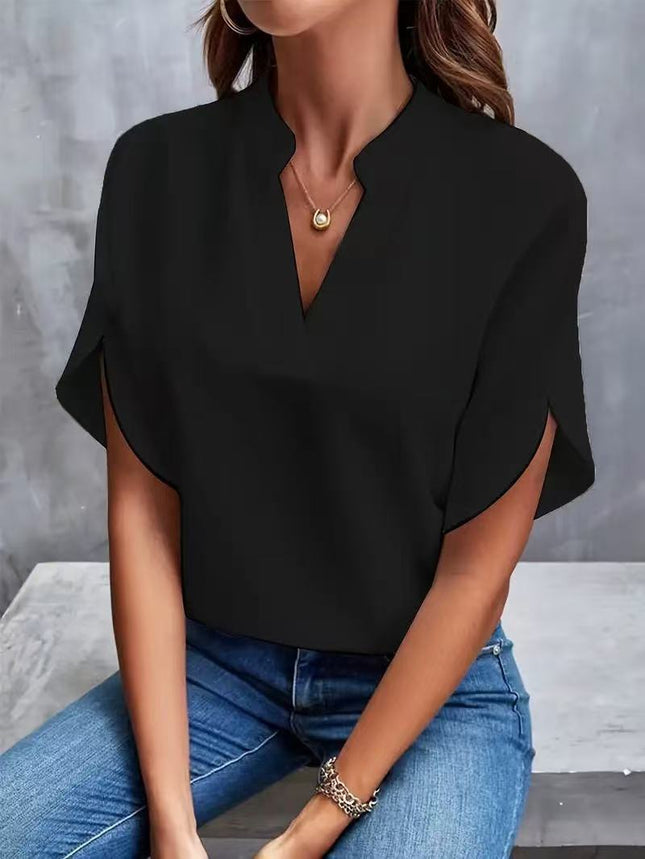 Women's Casual Solid Color V-Neck Loose Short Sleeve Blouse Summer Shirt Top