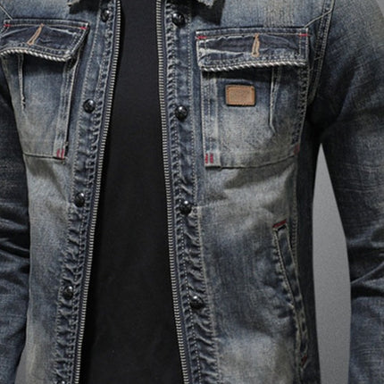 Vintage Washed Denim Jacket with Lapel Collar