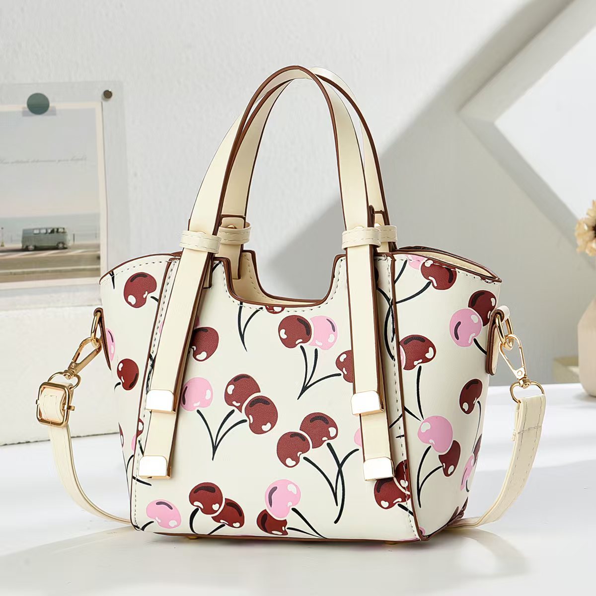 حقيبة نسائية كلاسيكية متعددة الاستخدامات، سلة خضراوات بنقشة الكرز، حقيبة يد