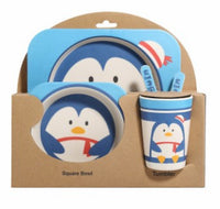 طقم أدوات مائدة للأطفال مكون من 5 قطع - خمس قطع من ألياف الخيزران الطبيعية: وعاء، كوب، ملعقة، طبق، شوكة، أطباق أطفال، طبق، هدية، أدوات مائدة