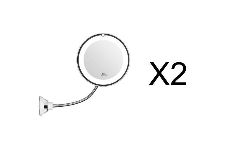 مرآة مكياج بإضاءة LED ساطعة، قابلة للدوران 360 درجة، مع تكبير 10 أضعاف