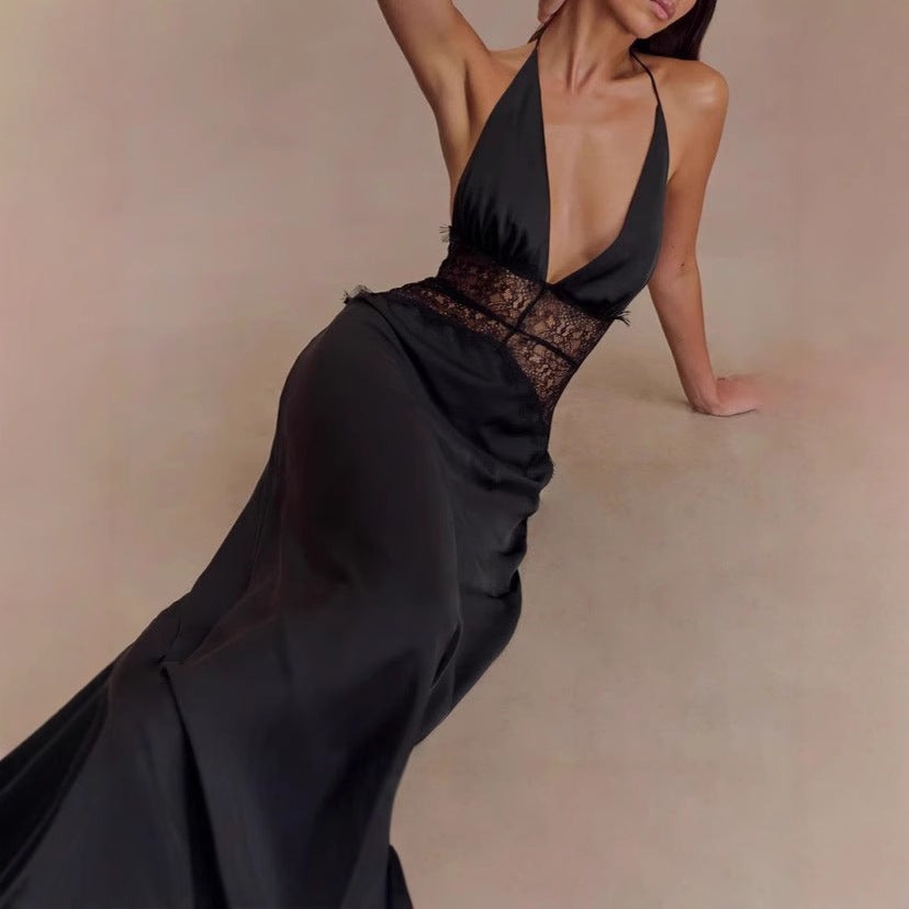 Seamless Halter Deep V-Slit Silk-Smooth Satin Maxi Dress