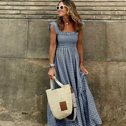 Summer Stylish Women's Patchwork Plaid Strap Elastic Flared Dress