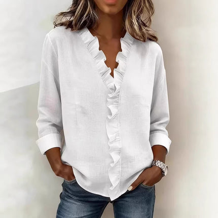 Womens Ruffled Long Sleeve Cotton Shirt