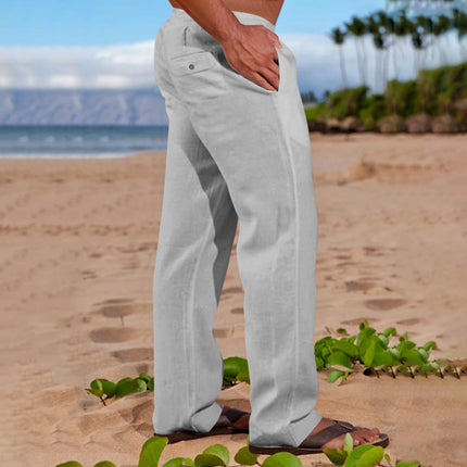 Mens Linen Cotton Drawstring Waist Casual Trousers