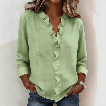 Womens Ruffled Long Sleeve Cotton Shirt