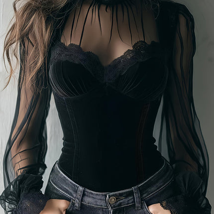 Elegant Mesh Patchwork Bell Sleeve Top