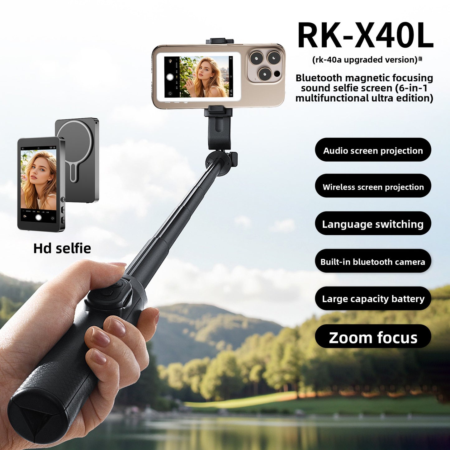 Magnetic Wireless Phone Selfie Screen Mirror with Zoom and Audio
