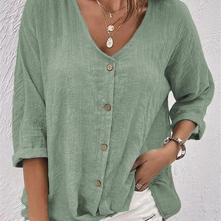 Womens V-Neck Loose Fit Short Sleeve Blouse
