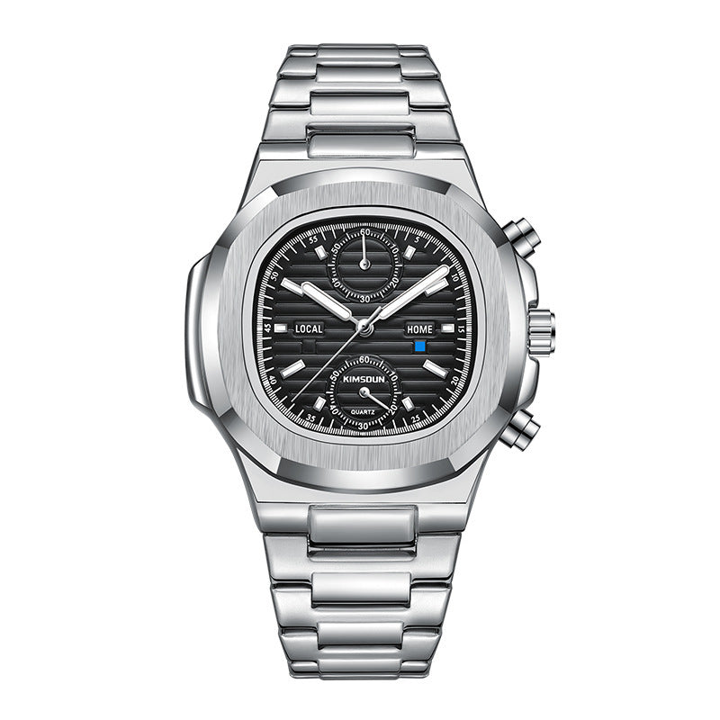Multifunctional Mens Quartz Watch with Stainless Steel Strap