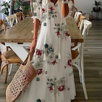 Womens V-Neck Printed Lantern Sleeve Dress