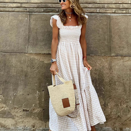 Summer Stylish Women's Patchwork Plaid Strap Elastic Flared Dress