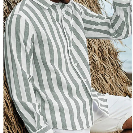 Mens Casual Long Sleeve Striped Loose Fit Shirt