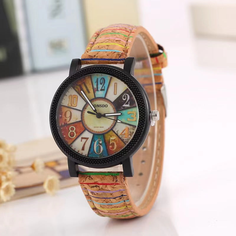 Retro Wood Grain Dial Leather Strap Women's Watch