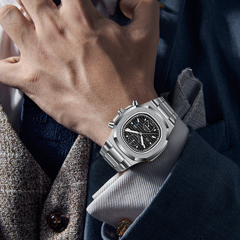 Multifunctional Mens Quartz Watch with Stainless Steel Strap
