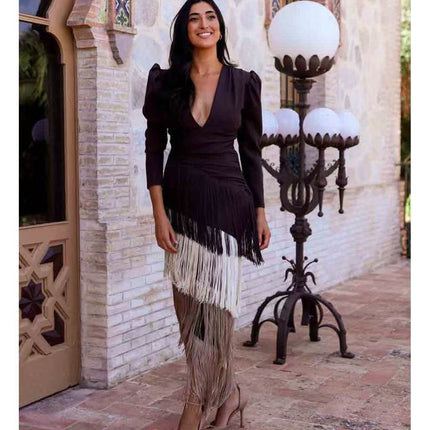 Deep V Neck Tassel Slim Long Dress