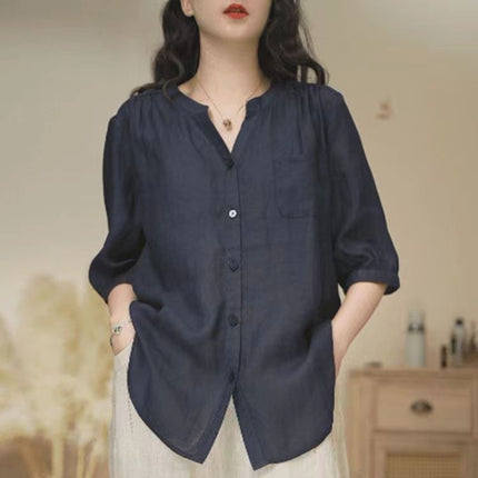 Womens Vintage Summer Cotton Linen V-Neck Loose Shirt