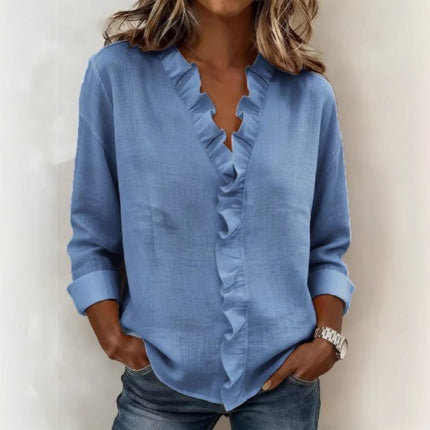 Womens Ruffled Long Sleeve Cotton Shirt