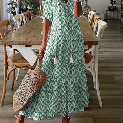 Womens V-Neck Printed Lantern Sleeve Dress