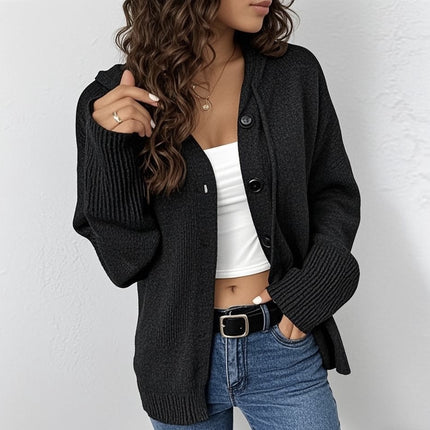 Womens Solid Color Hooded Drawstring Knit Cardigan Jacket