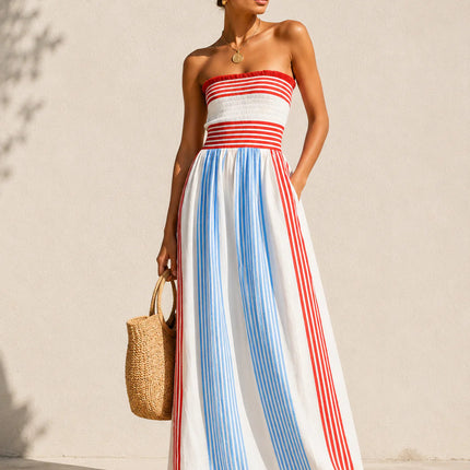 Womens Striped Strapless Dress