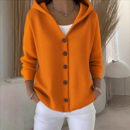 Women's buttoned knitted hooded cardigan